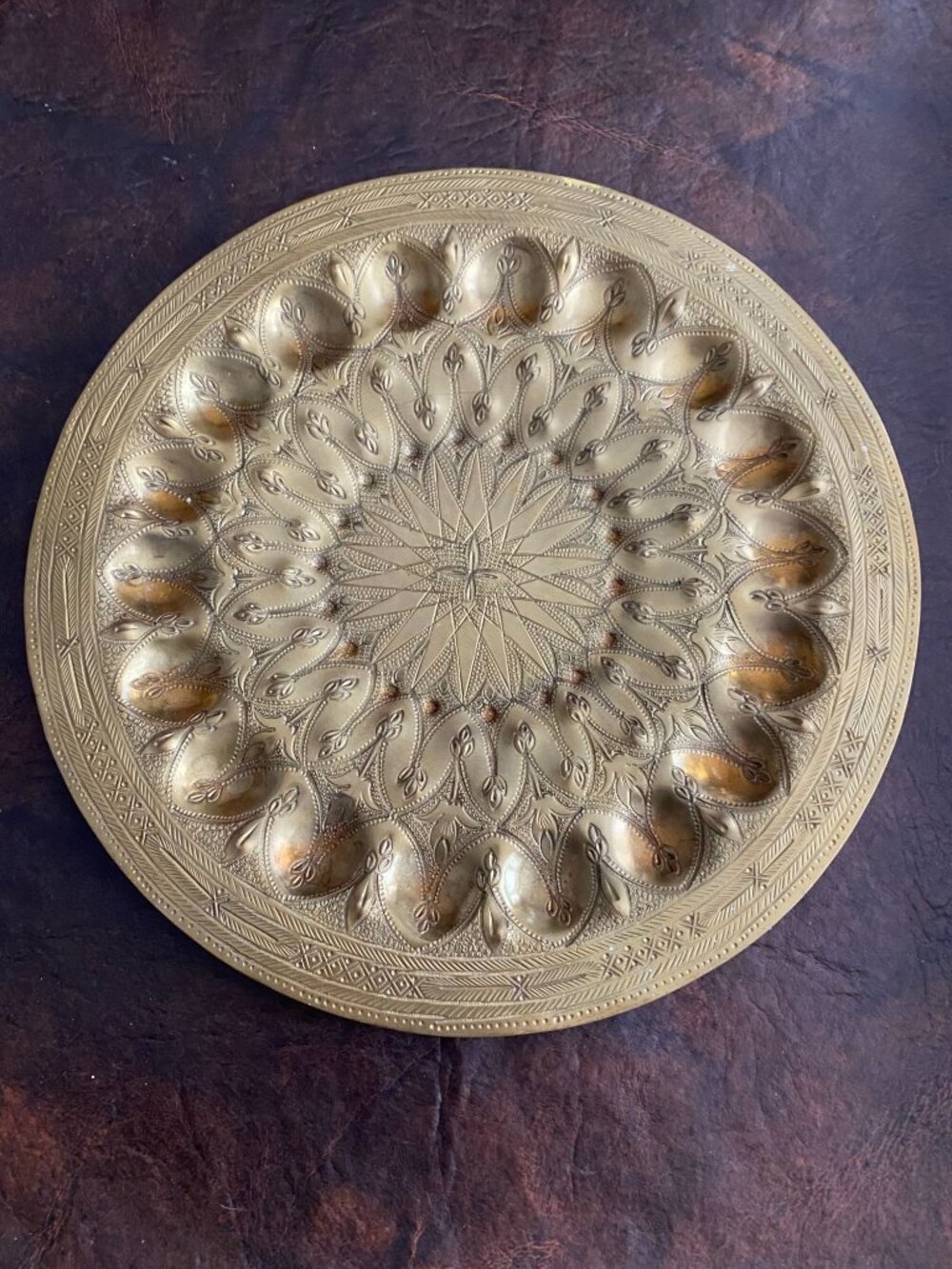Ornate brass hanging plate Morocco 1981